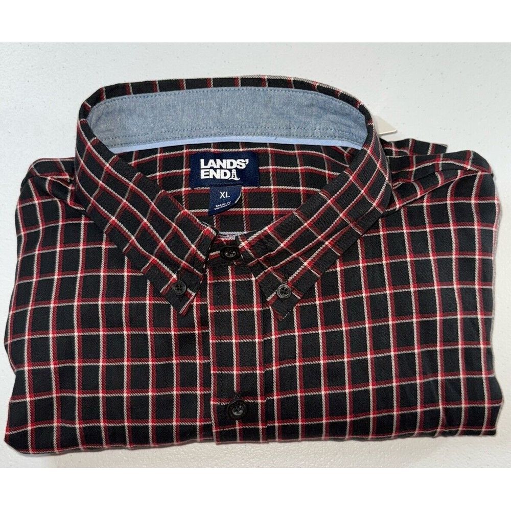 NWT Lands End Shirt Mens XL‎ Red/Black Plaid Long Sleeve Button Down Traditional